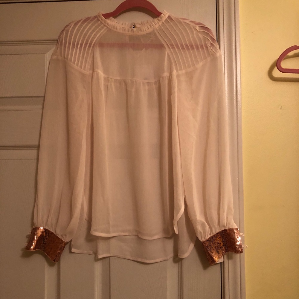 Sheer pink white top with rose gold sequin cuffs